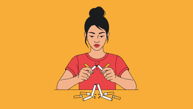Young woman breaking a cigarette in half to signify her commitment to quitting smoking against a bright orange background for health awareness.
