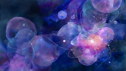 Obraz premium Cosmic particle interaction watercolor art luminous spheres electric blue magenta space design