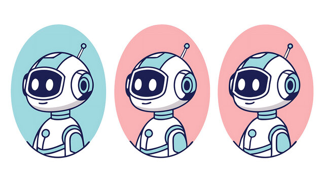 Three cartoon robots with smiling faces are depicted in oval frames with different colored backgrounds.