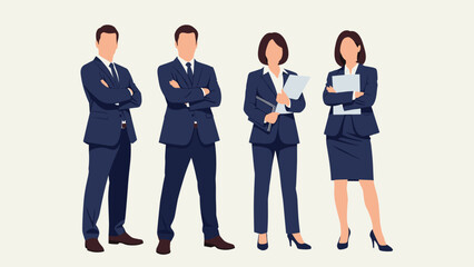 Obraz premium Professional team of four diverse business people standing together in stylish suits ready for a corporate meeting or presentation in an office.