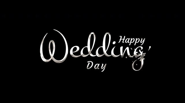 Silver words wedding day with happy above it on black. Suitable for wedding invitations, save the date cards, and anniversary celebrations.