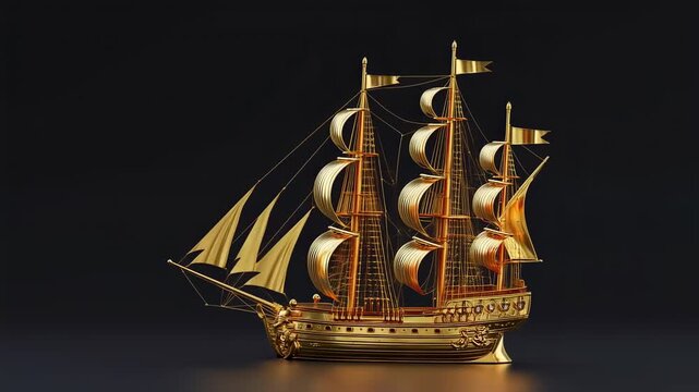 Detailed golden ship model on black background (1)