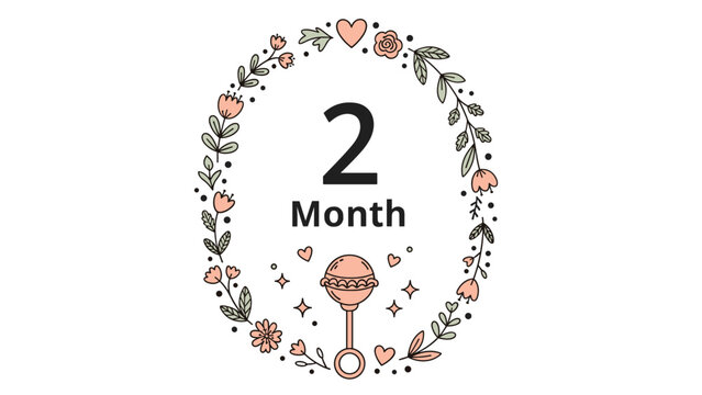 Charming second month baby growth milestone card featuring a delicate floral wreath with pink blossoms and a cute rattle at the bottom for memory.
