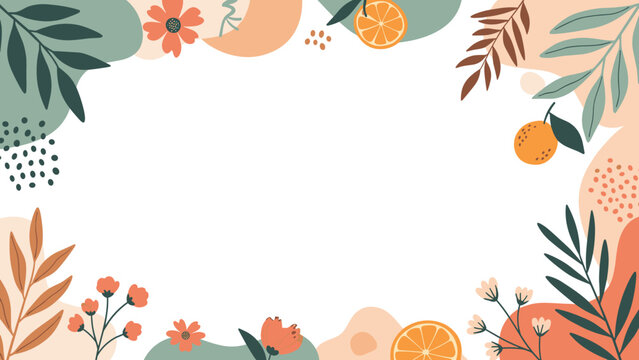 Tropical floral border with green leaves and orange fruit slices surrounding a central white copy space on a colorful abstract background.