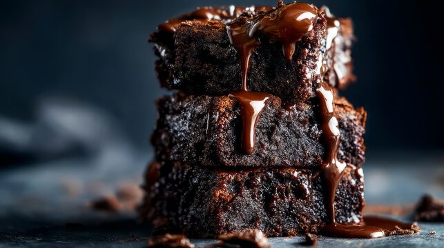 Stacked brownies with chocolate sauce dripping on top and sides on dark background