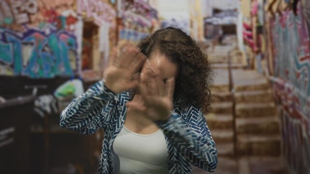 Woman laughing with hands raised and palms forward in graffiti covered street alley while smiling toward camera; spontaneous happiness.