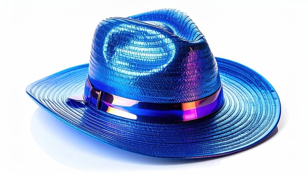 Shiny, vibrant blue fedora hat with a colorful band, set against a stark white background