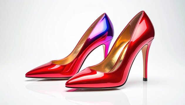 Two shiny high-heeled shoes, one red and the other with gradient colors, on a white surface