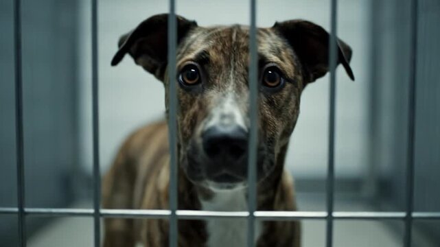Sad dog in shelter cage.
