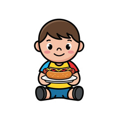 Cute Boy Holding Hot Dog Plate, Happy Child Eating Fast Food, Cartoon Style