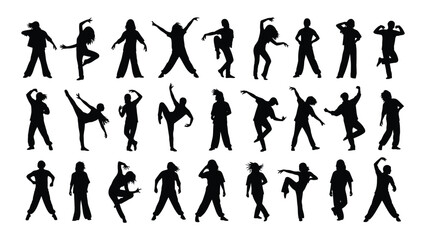 A collection of silhouettes of people playing basketball