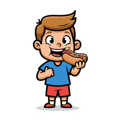 Obraz premium Happy Boy Eating a Delicious Hot Dog with Ketchup and Mustard