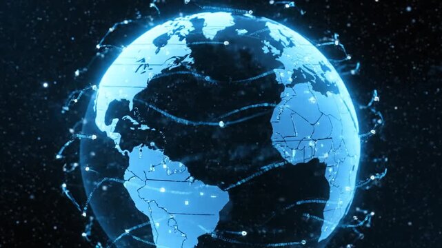 Futuristic Global Digital Network Illustration Interconnected Earth with Glowing Lines and Dots Representing Data Flow and Technological Connectivity