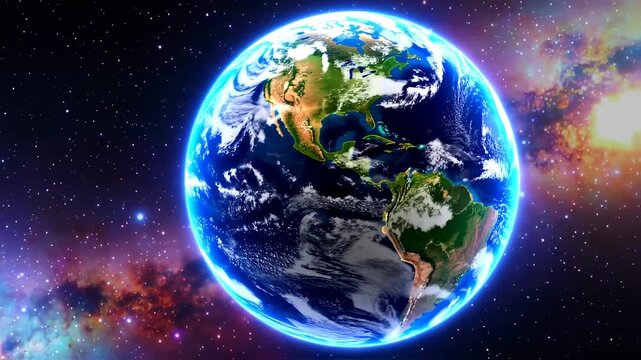 Earth in space, detailed view of continents and clouds, surrounded by a starry night sky