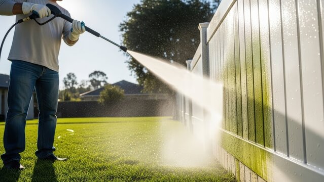 Worker pressure washing white fence removing green algae dirt and mold outdoors