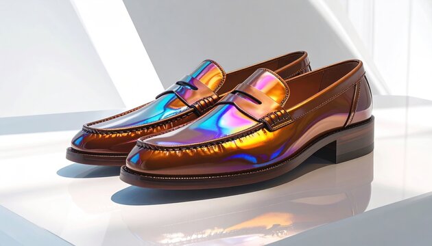 Two shiny brown leather loafers with iridescent highlights, posed on a white surface