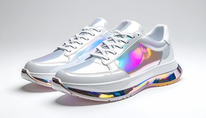 Pair of glossy white sneakers with iridescent panels and chunky soles, set against white backdrop