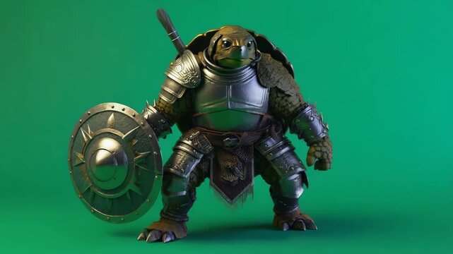 Stock Video of a 3d Turtle Knight with Simple Armor Holding a Shield on a Green Screen Background