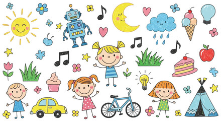 Naklejka premium Cute kids doodle element set with children toys weather ice cream flowers and fun cartoon c