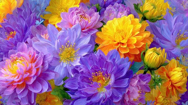 Vibrant assemblage of purple, yellow, and orange blossoms fills the frame.