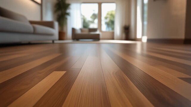 Gleaming Wide plank Hardwood Floor in a Sunlit Modern Living Room Interior