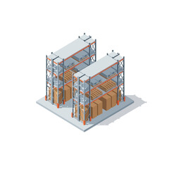 Isometric illustration of a warehouse storage facility with shelving units and cardboard boxes.