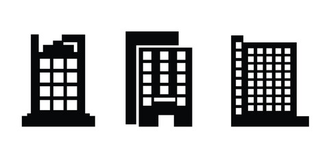 Building and city architecture icon set. Urban office tower and apartment block symbols. Solid vector icons. © MDASADUL