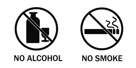 No alcohol no smoking icon set. Prohibition warning sign symbols. Vector line icons.