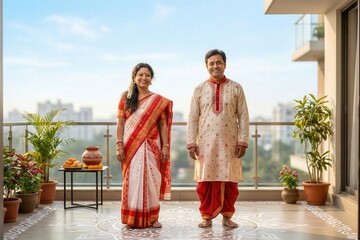 Obraz premium Bengali Couple Celebrating Pohela Boishakh Standing Together – Bengali New Year Cultural Portrait