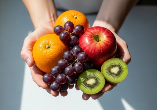 Commercial microstock photography, hands holding fresh fruit, natural light, minimal background, health concept, editorial safe, product lifestyle