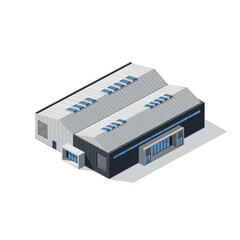 Isometric illustration of a modern industrial building with gray and black exterior.