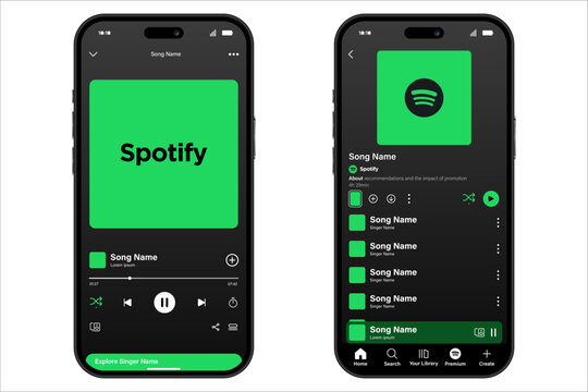 spotify Music streaming app mockup showing song player and playlist library view.