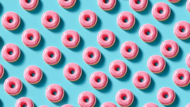 Bright pink donuts sit on a cheerful blue background, reflecting summer vibes and joy. Each donut has sprinkles, creating a fun and playful atmosphere perfect for sunny days