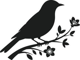 Fototapeta premium Black silhouette of a bird perched on a flowering branch vector tree