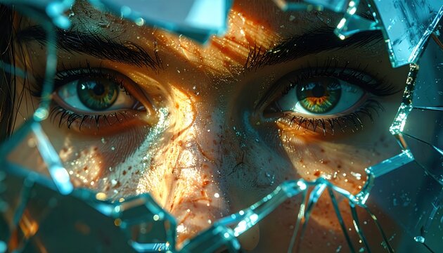 Close-up of eyes framed by broken glass with flecks of color; dramatic lighting