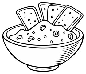 Hand Drawn Outline of Crackers Dipping Into a Bowl of Hummus or Dip Illustration