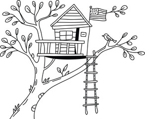 Obraz premium Whimsical treehouse drawing, black and white outdoor illustration, childhood adventure clipart, playful kids activity design for coloring and education