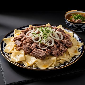 Authentic Central Asian Beshbarmak with boiled meat, flat noodles, onion sauce on platter. Black table, dark background. Kazakh national dish