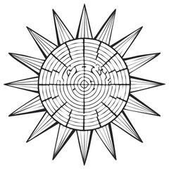 Obraz premium Intricate Abstract Sun Symbol with Radial Design and Pointed Rays Black and White Illustration