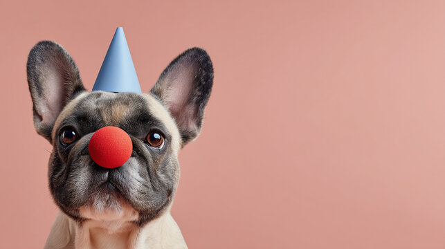 French bulldog wearing blue paper hat and red clown nose, celebration of april fools day with pet, humor and funny prankster time.