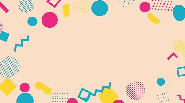Retro backdrop with colorful geometric shapes in blue, pink, yellow, and striped patterns
