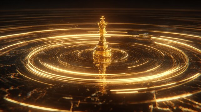 Glistening golden chess piece rests at the center of swirling luminous energy rings