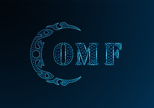 Low poly letter logo OMF design. OMF letter logo low poly vector design on blue color gradient background. OMF logo low poly design