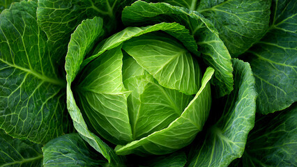 Fototapeta premium Top-down perspective of a single, lush green cabbage, highlighting its intricate leaf patterns and fresh appearance, perfect for healthy lifestyle and culinary themes