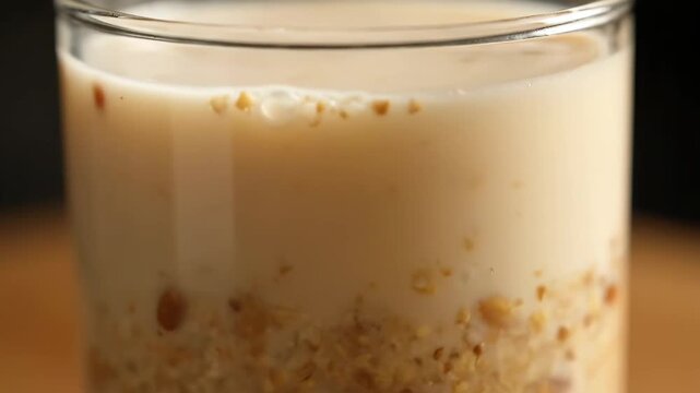 Fresh creamy peanut milk pouring into glass jar with frothy texture and nutty sediment close-up