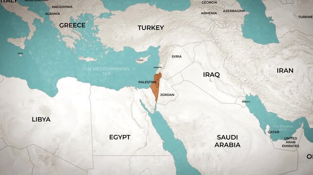 Animated map footage highlights Palestine territory placement within the complex Middle East region