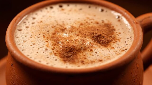 Close-up cinnamon dusted latte with frothy milk and spices in terracotta cup on wooden table