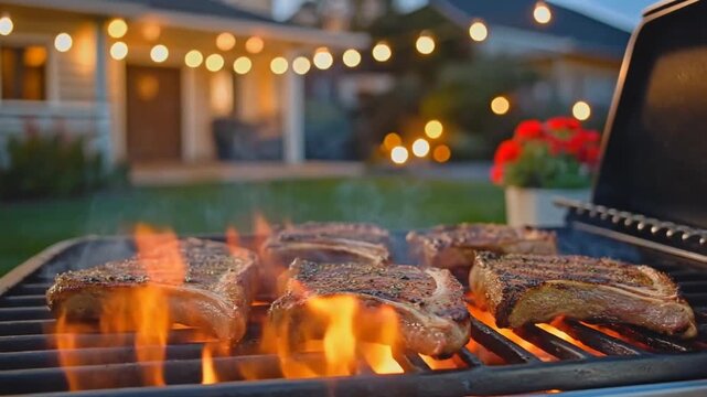 Sizzling Bone in Steaks Grilling on Bbq with Backyard String Lights