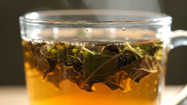 Ultra detailed close-up of fresh Indian tulsi tea infusion with slow macro rotation, golden herbal beverage in glass cup