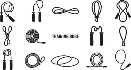 Set of black training robe karabiner hooks and fitness equipment icons vector illustration
